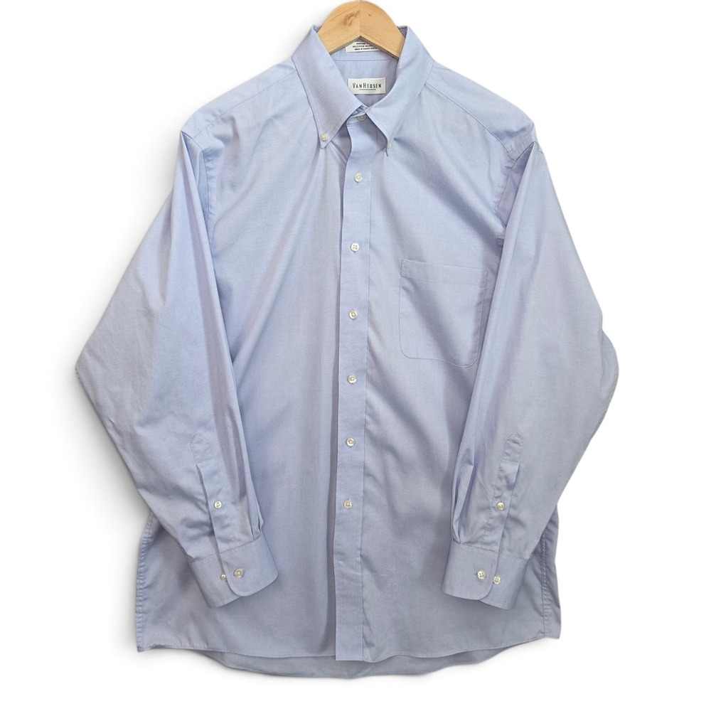 Van Heusen Dress Shirt Mens Large 16.5 32/33 Blue Pinpoint Oxford Button Down LS